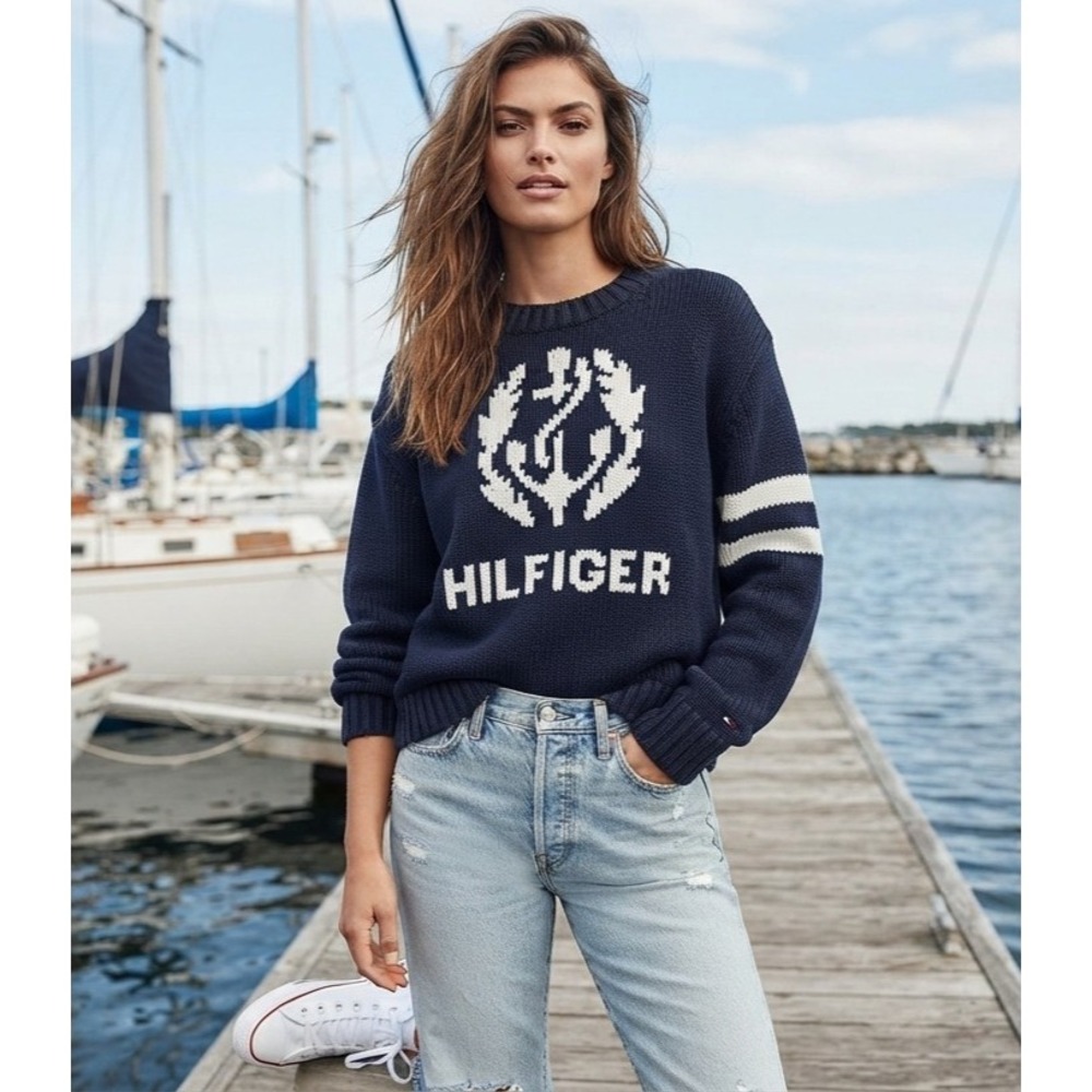 Tommy Hilfiger Anchor Sweater M Blue Nautical Crewneck Knit Pullover Y2K Unisex